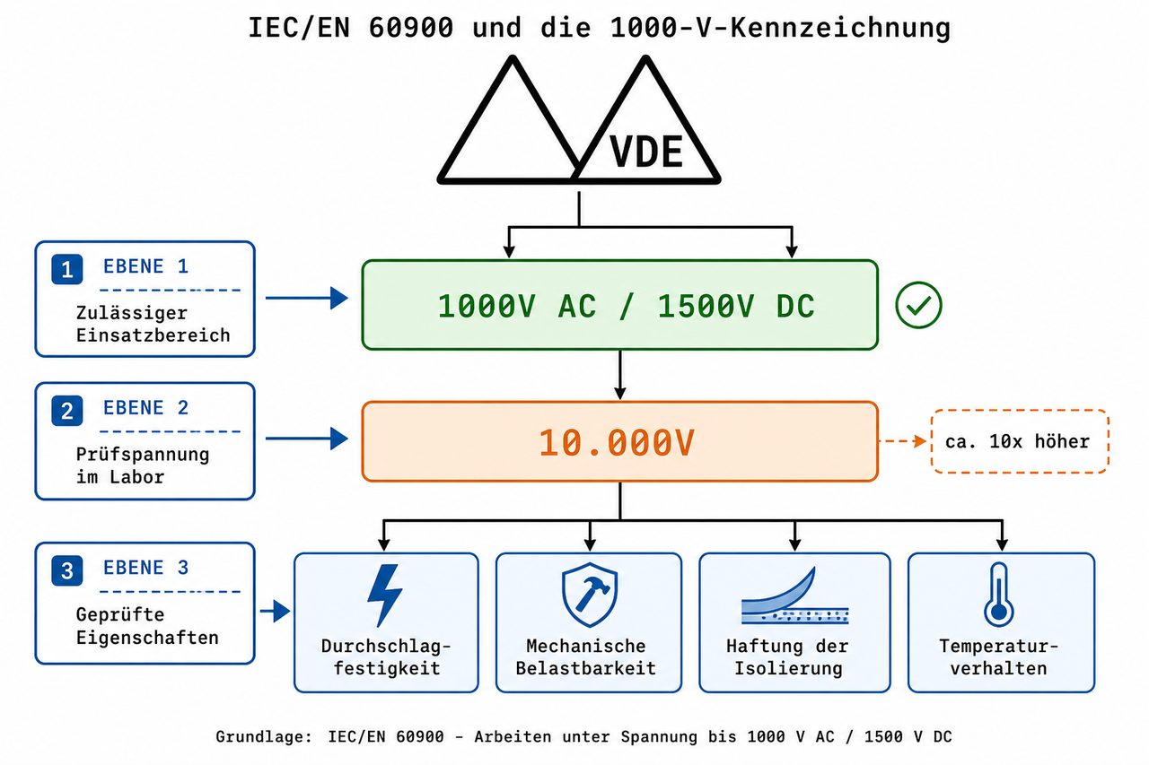 IEC/EN 60900 Norm-Schaubild: VDE-Kennzeichnung, Prüfspannung 10.000V, zulässiger Einsatzbereich 1000V AC und geprüfte Eigenschaften
