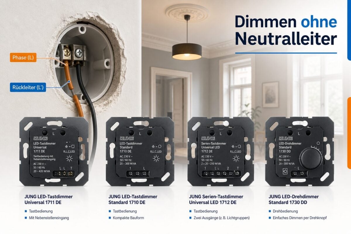 Dimmen ohne Neutralleiter im Altbau: 2-Draht-Dimmer der Jung LS-Serie richtig einsetzen – Jung 2-Draht-Dimmer für Altbau-Installation ohne Neutralleiter: LED-Tastdimmer Universal 1711 DE, Standard 1710 DE, Serien-Tastdimmer 1712 DE und LED-Drehdimmer 1730 DD mit Schalterdose