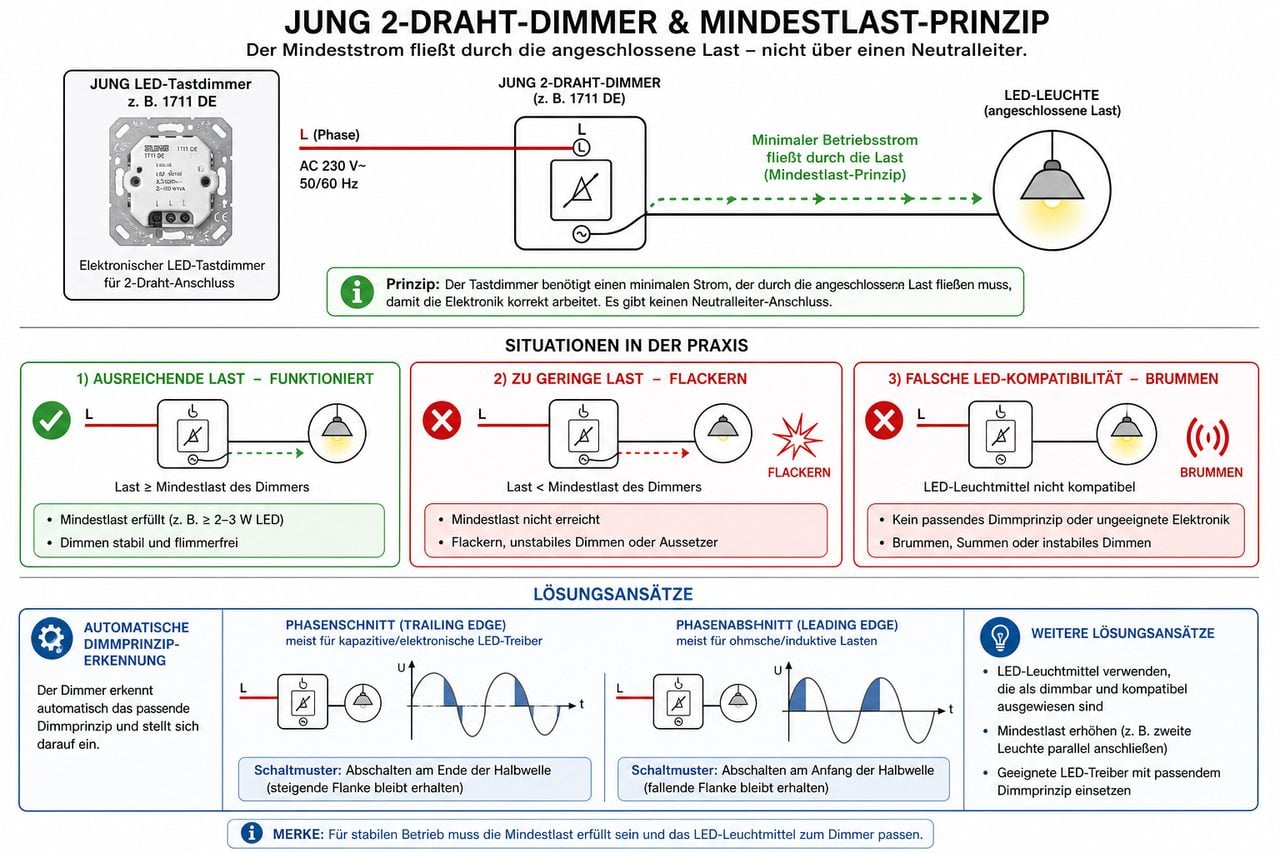 Jung 2-Draht-Dimmer Funktionsweise: Mindestlast-Prinzip, Flackerprobleme und automatische Dimmprinzip-Erkennung