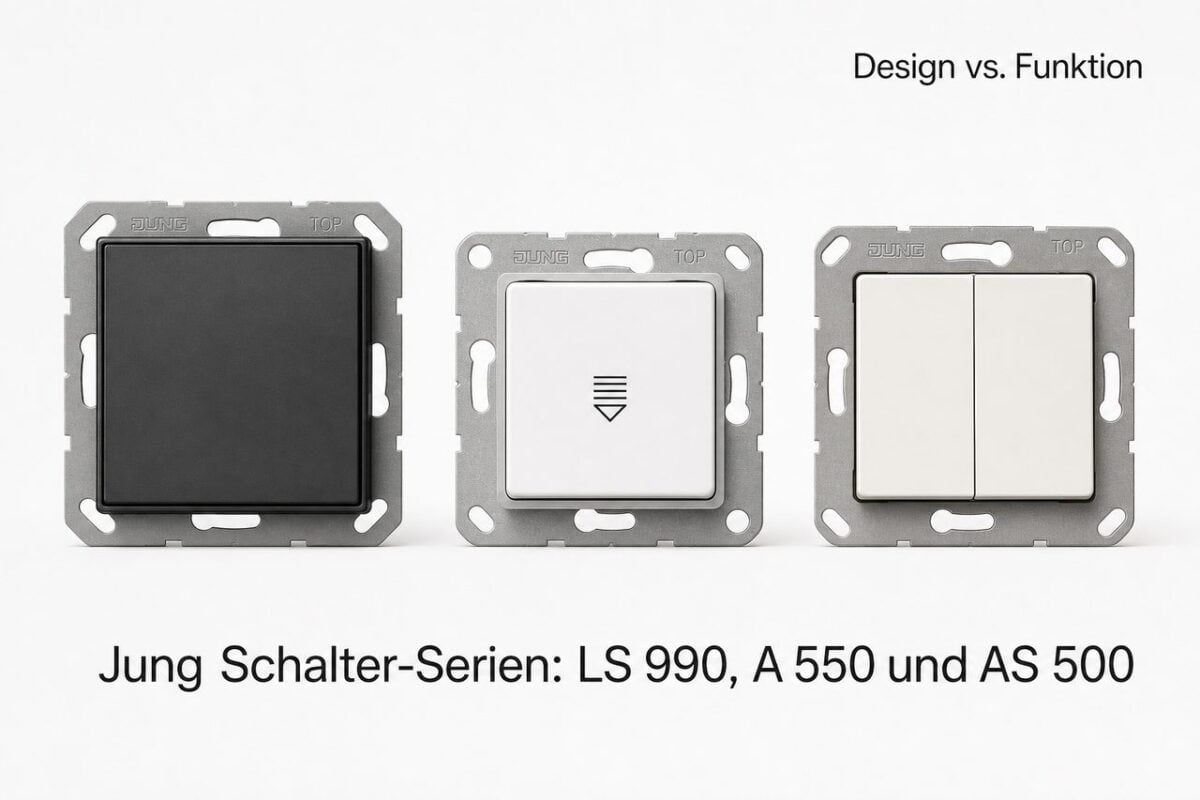 Jung Schalter-Serien verstehen: LS 990, A 550 und AS 500 im Überblick – Jung Schalter-Serien LS 990, A 550 und AS 500 Wippenvergleich mit graphitschwarzer und alpinweißer Wippe