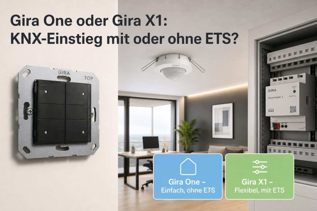 Gira One oder Gira X1: KNX-Einstieg mit oder ohne ETS? – KNX-Einstieg Titelbild mit Gira Tastsensor 4 und Präsenzmelder in modernem Wohnzimmer – Vergleich Gira One vs. Gira X1