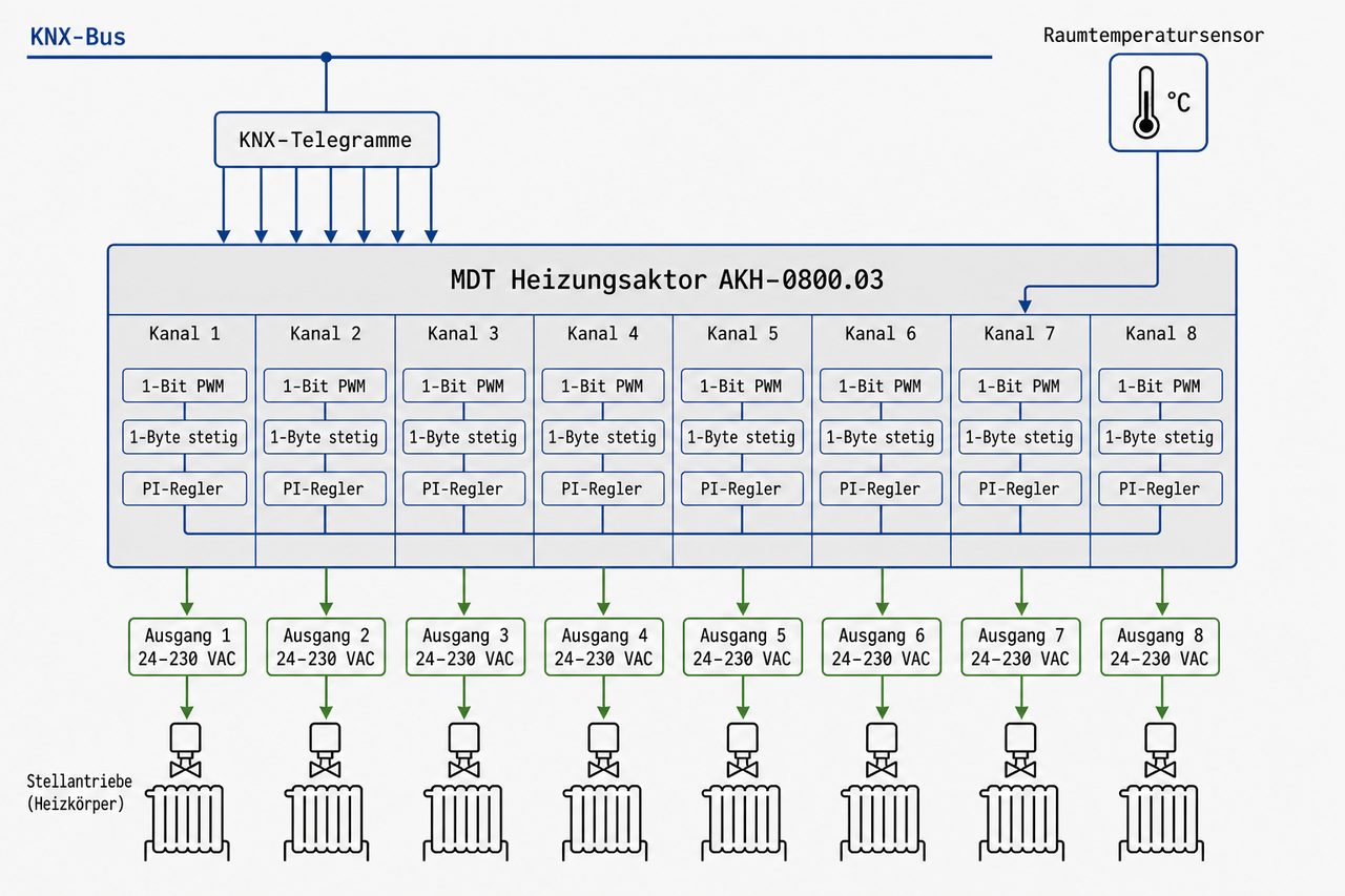 KNX-Regelkreis-Diagramm: MDT Heizungsaktor AKH-0800.03 mit acht Kanälen, Ansteuerungsoptionen und Stellantrieben