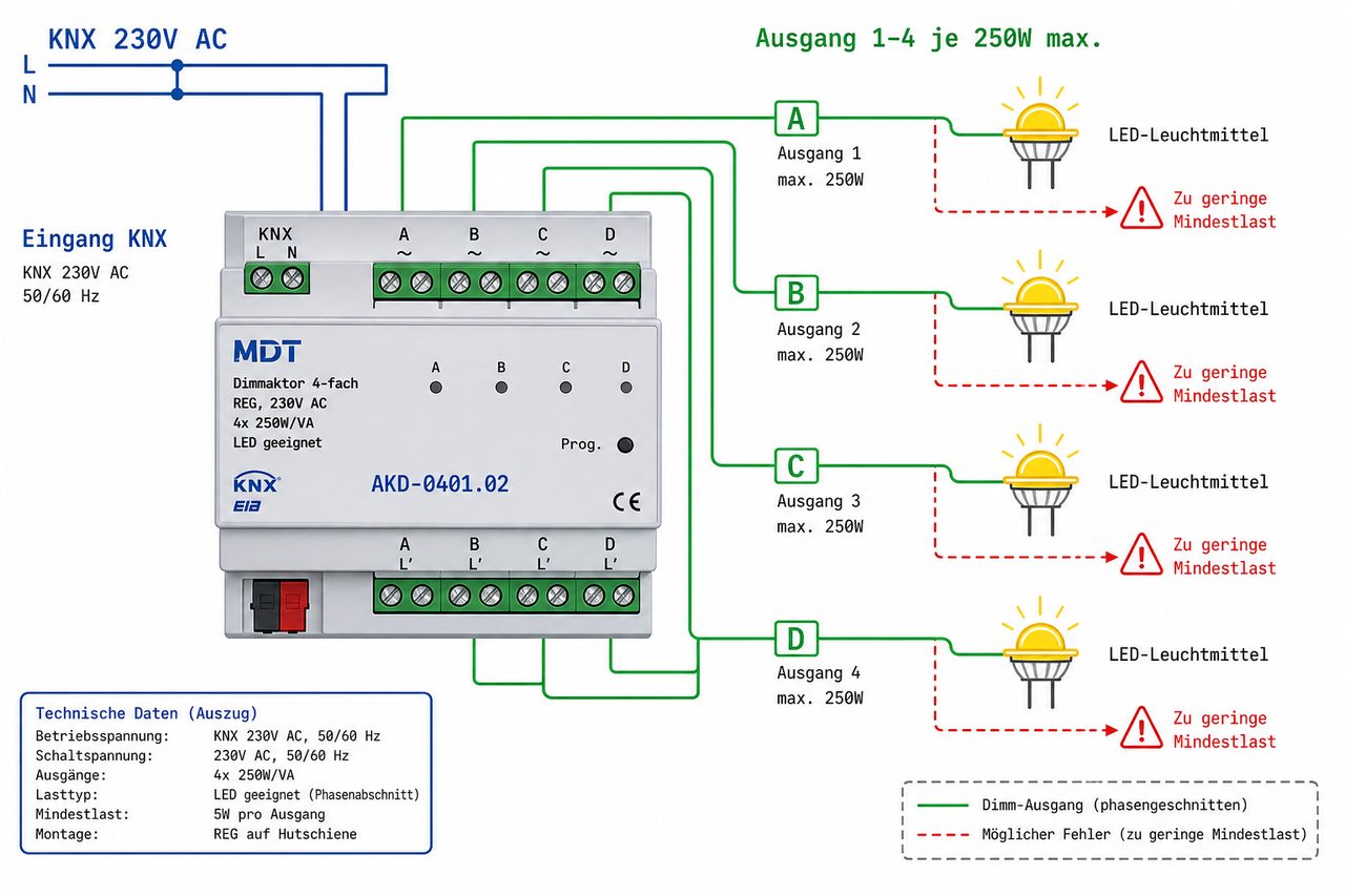 KNX-Schaltschema: MDT Dimmaktor AKD 4-fach mit vier LED-Ausgängen und Mindestlast-Warnung