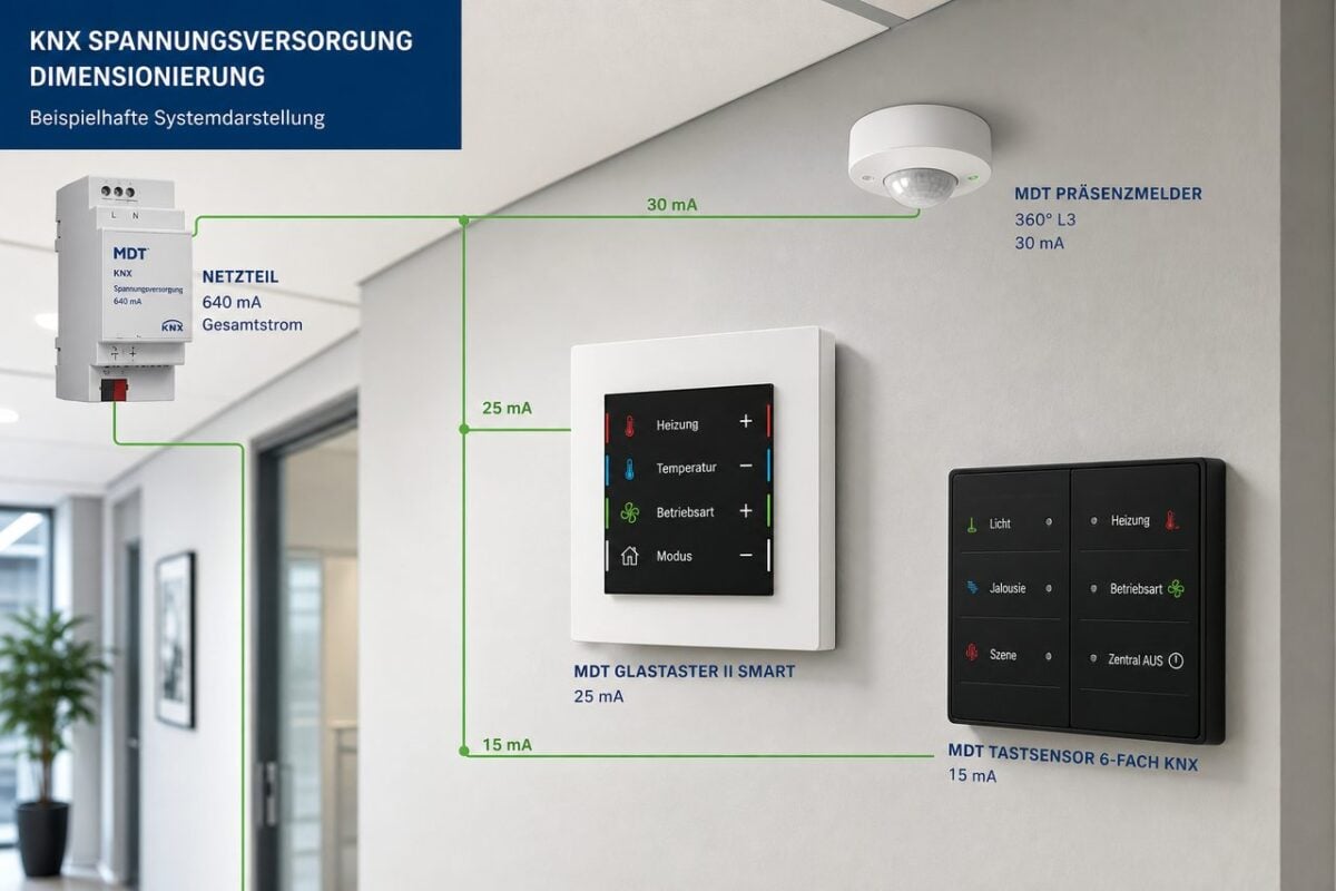 KNX Spannungsversorgung dimensionieren: mA-Bedarf pro Linie richtig berechnen – KNX Spannungsversorgung Dimensionierung mit MDT Glastaster II Smart und Tastsensor 6-fach, Stromfluss-Visualisierung und mA-Berechnung
