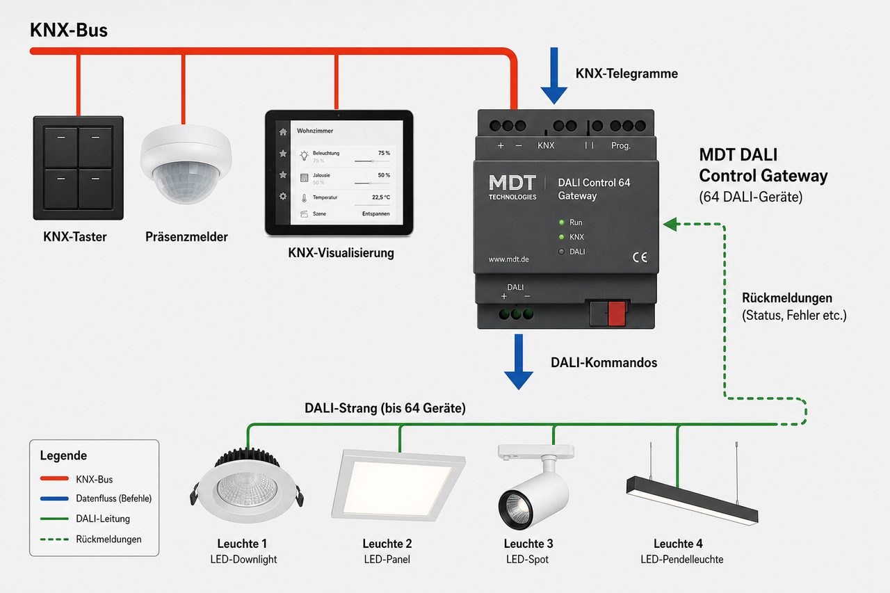 KNX und DALI Systemarchitektur mit MDT Gateway - Datenfluss und Geräteverbindungen