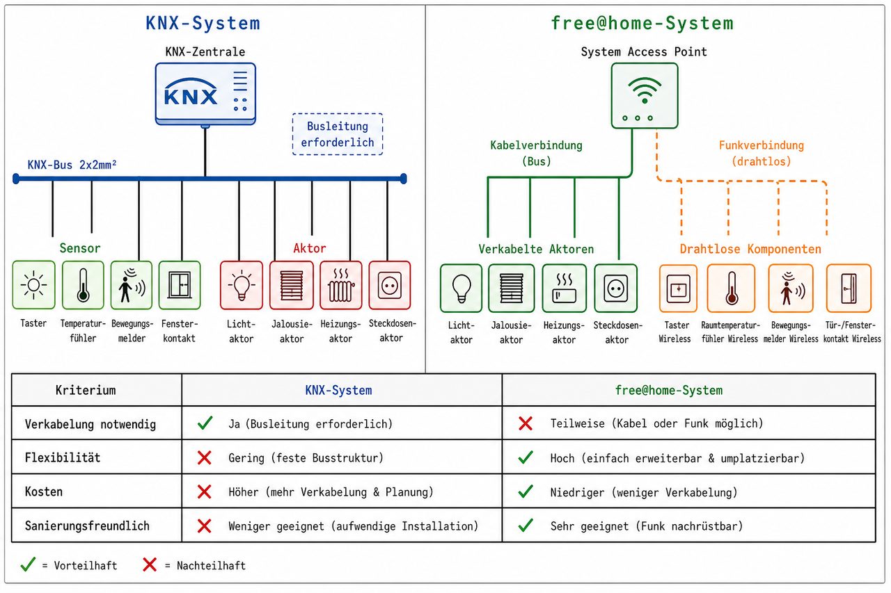 KNX vs. free@home Systemarchitektur Vergleichsdiagramm mit Bus-Topologie und drahtloser Vernetzung