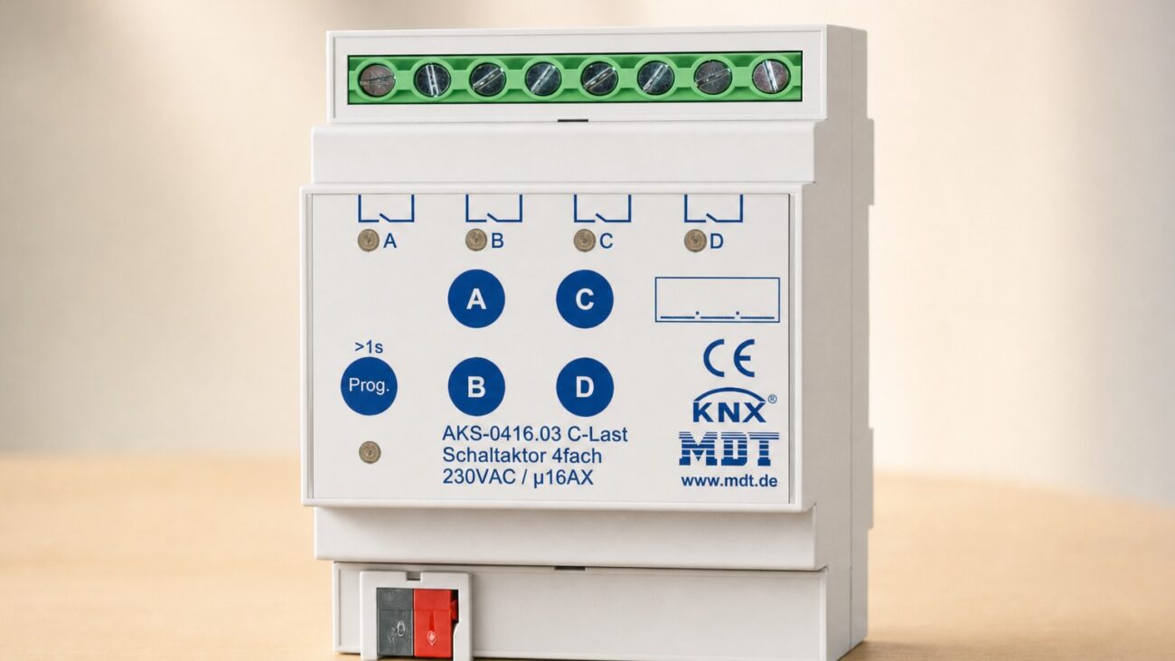 MDT KNX Schaltaktor AKS-0416.03 auf dem Schreibtisch