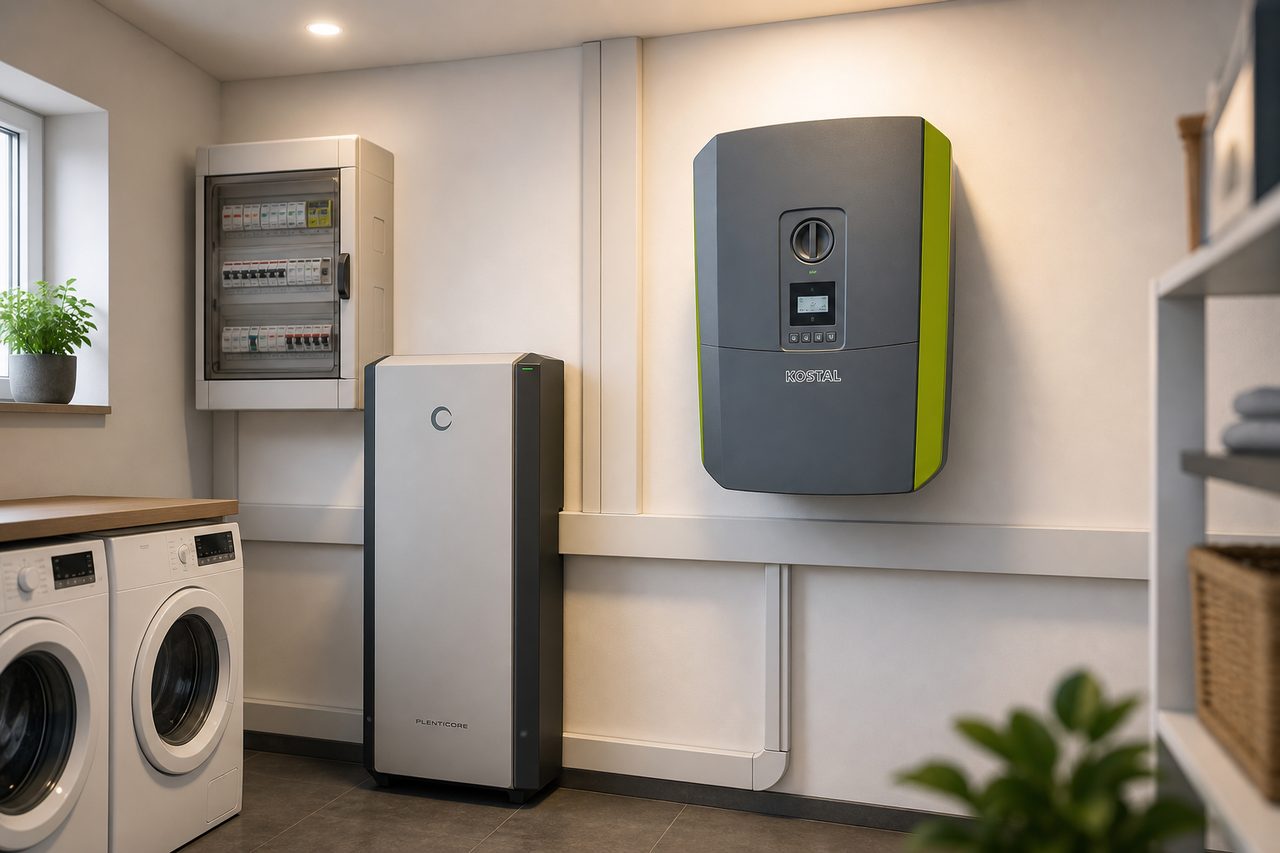 Batteriespeicher am Hybrid-Wechselrichter nachrüsten: Kompatibilität und Auslegung – KOSTAL Plenticore plus 5.5 G2 Hybrid-Wechselrichter mit Batteriespeicher im Hauswirtschaftsraum - Nachrüstung von Batteriespeichern