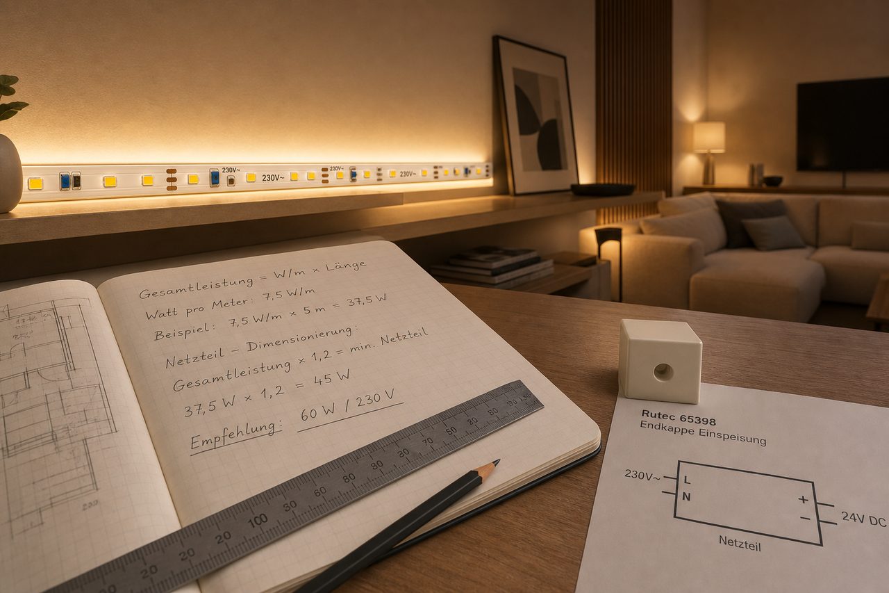 LED-Band richtig planen: Watt pro Meter, Netzteil und Aluprofil berechnen – LED-Band Planung Titelbild: Rutec S74935 LED-Strip mit indirekter Beleuchtung, Planungsunterlagen und Netzteil-Komponenten