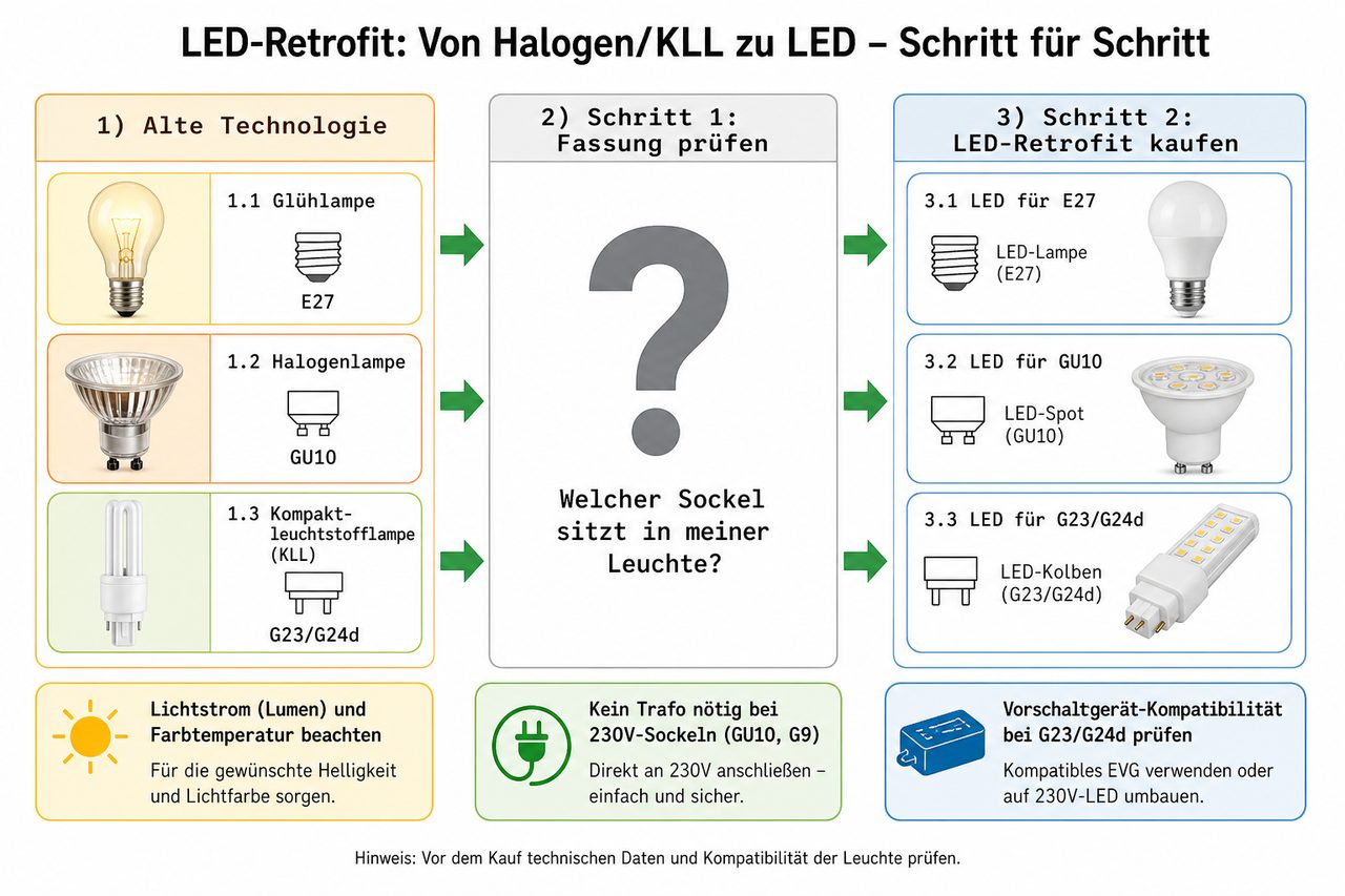 LED-Retrofit-Prozess: Schritt-für-Schritt-Anleitung von alter Beleuchtung zu LED mit Sockeltyp-Zuordnung