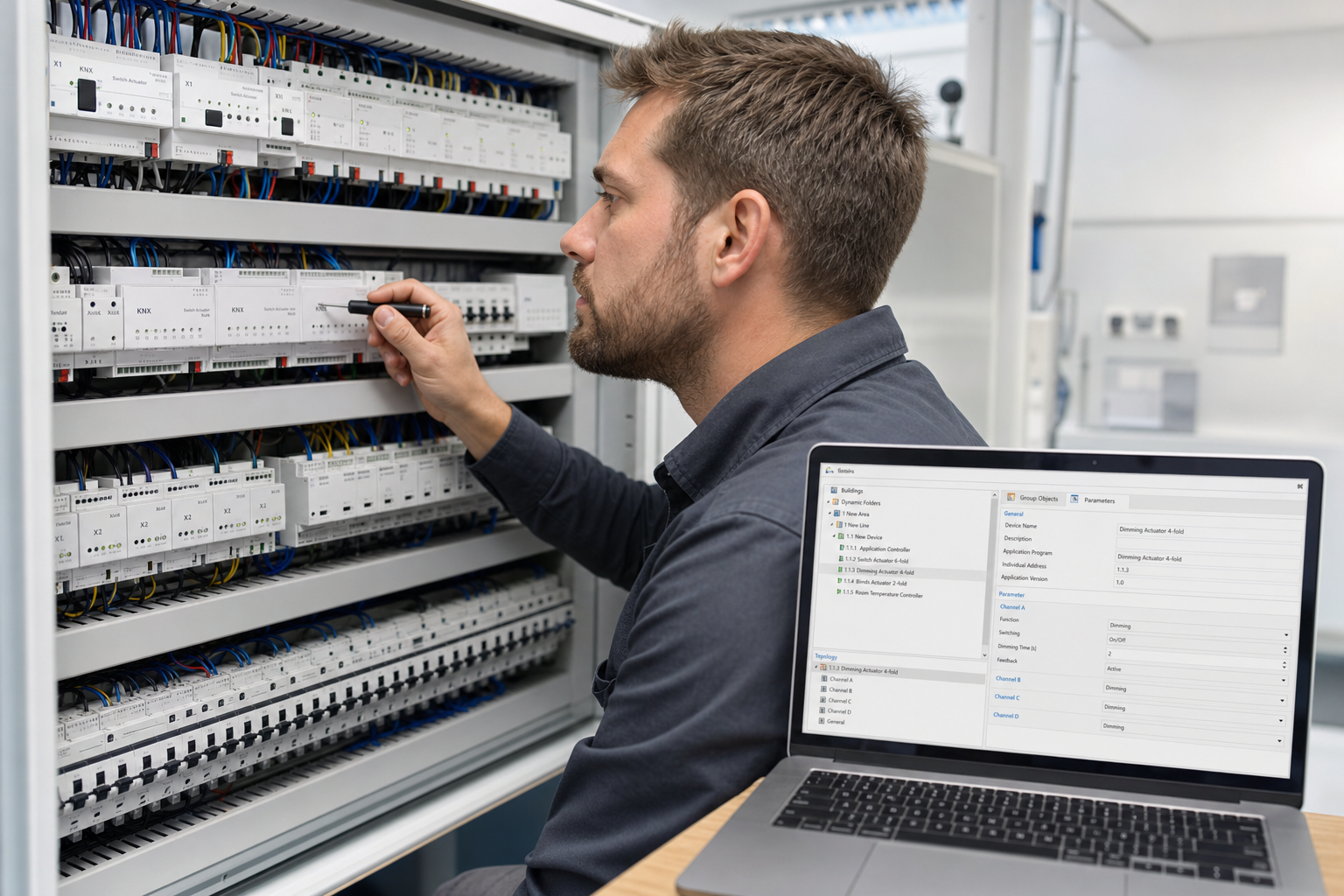Elektriker bei der KNX-Fehlersuche am Verteiler mit ETS-Laptop