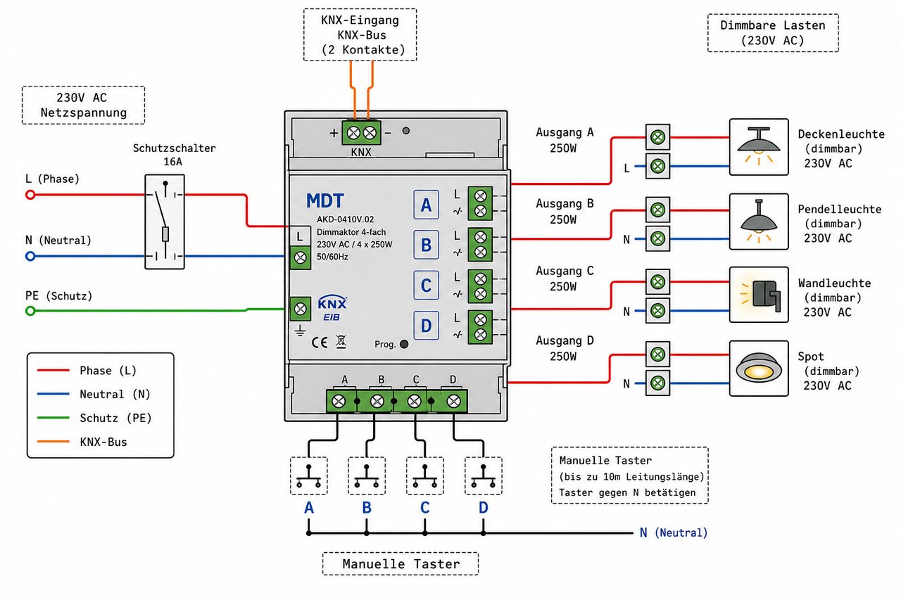 MDT AKD 4-fach Dimmaktor Schaltschema: KNX-Eingang, 230V Netzspannung, vier Ausgänge mit dimmbaren Lasten