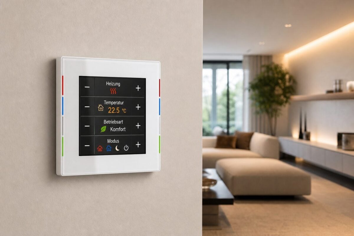 MDT Glastaster II Smart (BE-GT): der Premium-KNX-Taster – MDT Glastaster II Smart BE-GT2TW.02 Premium-KNX-Taster mit Farbdisplay und Temperatursensor in modernem Wohnzimmer an der Wand montiert