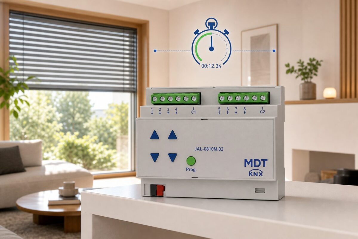 MDT Jalousieaktor Fahrzeitmessung starten & messen: Schritt für Schritt – MDT Jalousieaktor 8-fach mit Fahrzeitmessung in modernem Wohnzimmer mit Jalousien – KNX Steuergerät für automatische Beschattung