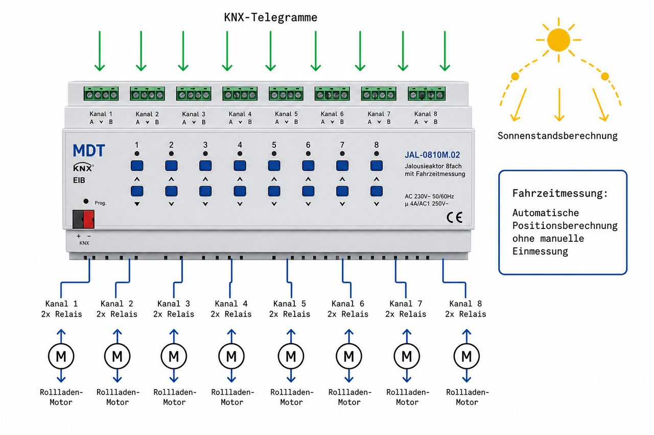 MDT Jalousieaktor Funktionsdiagramm mit KNX-Eingängen, 8 Kanälen und Fahrzeitmessung