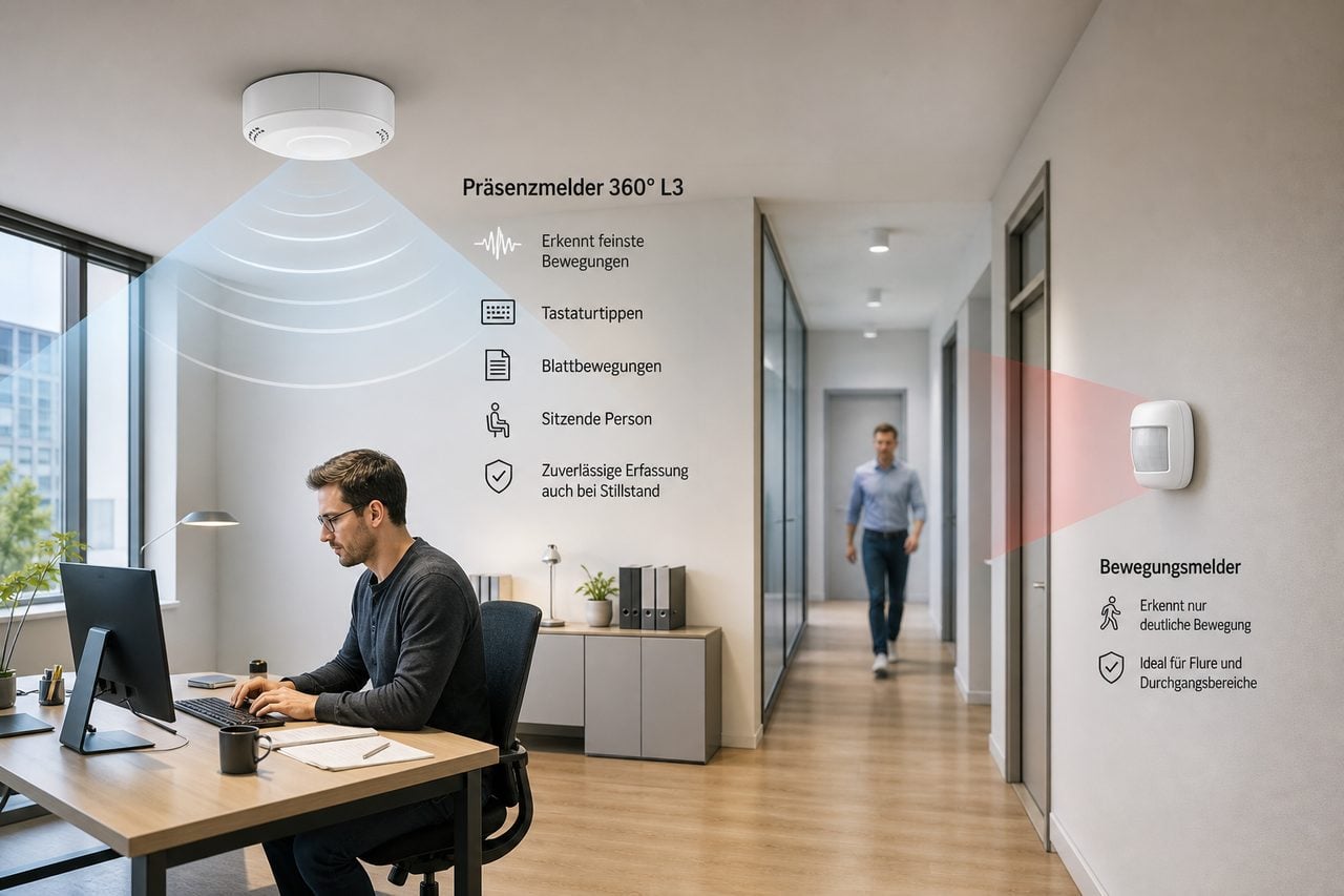 Präsenzmelder vs. Bewegungsmelder: Unterschied, Konstantlicht & Einsatz – MDT Präsenzmelder 360° L3 an Decke montiert in modernem Büro mit Arbeitsplatz – Unterschied zwischen Präsenzmelder und Bewegungsmelder