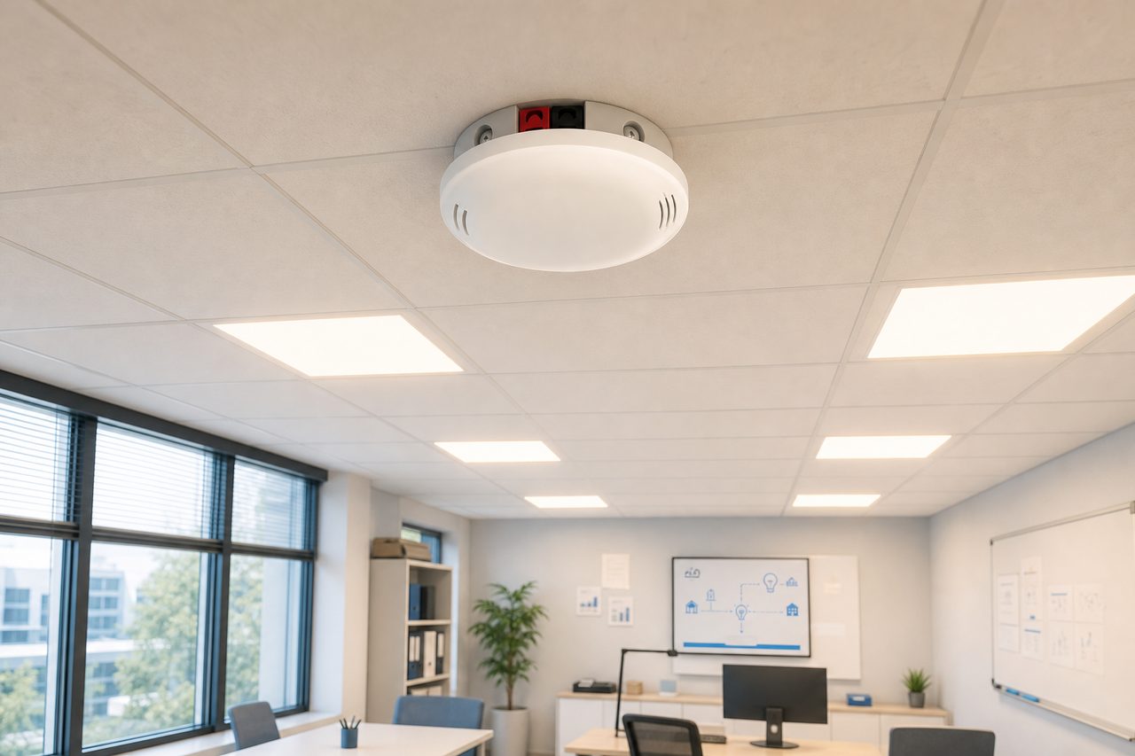 KNX Konstantlichtregelung richtig einstellen: MDT Präsenzmelder ohne Regelschwingen – MDT Präsenzmelder 360° L3 in abgehängter Decke eines modernen Büros mit Konstantlichtregelung und Tageslichtausgleich