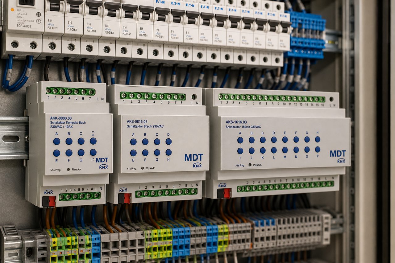 MDT Schaltaktor Ratgeber: AKS, AKK & AMS im Vergleich – MDT Schaltaktoren AKK Kompakt 8-fach, AKS Standard 8-fach und 16-fach in Unterverteilung auf Hutschiene