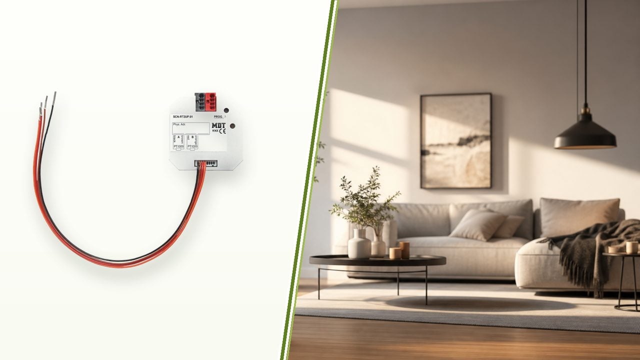 MDT Raumtemperaturregler SCN-RT2UP einstellen – MDT SCN-RT2UP Raumtemperaturregler in Schalterdose mit Fußbodenheizung und Heizkörper im Wohnzimmer