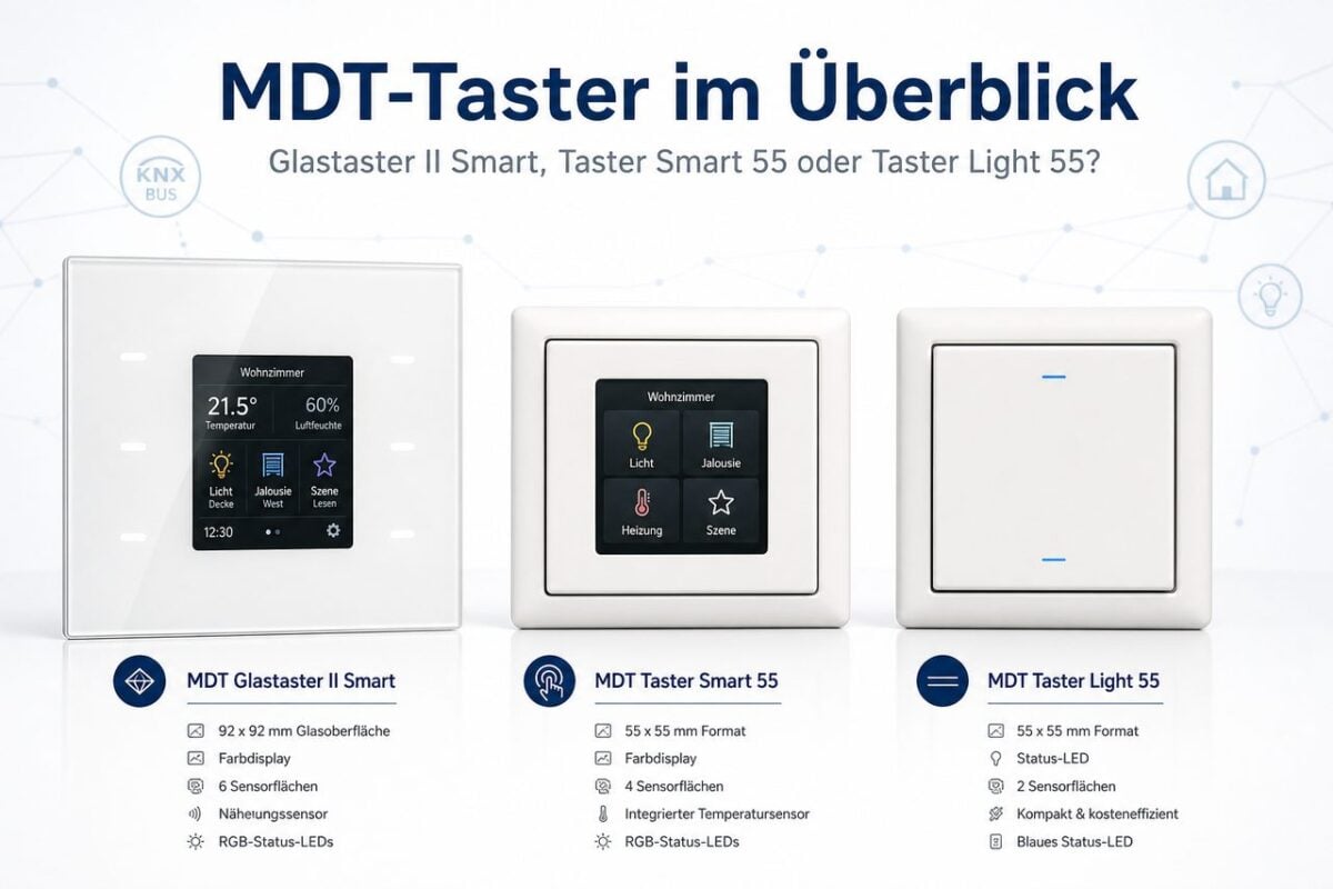 MDT-Taster im Überblick: Glastaster II Smart, Taster Smart 86 oder Taster Light 55? – MDT-Taster Vergleich: Glastaster II Smart, Taster Smart 55 und Taster Light 55 nebeneinander