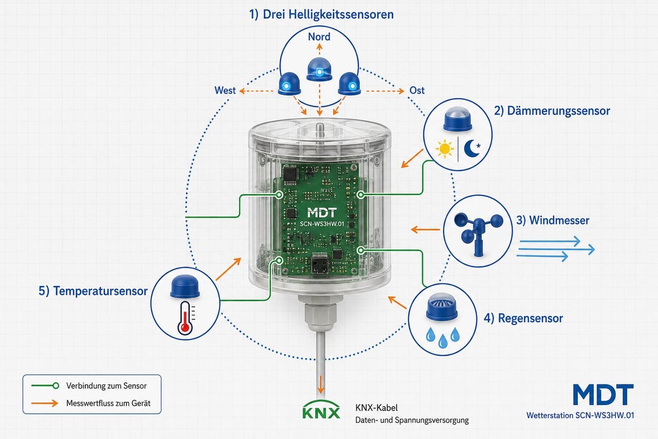 MDT Wetterstation SCN-WS3HW Sensoren und Messwerte - Helligkeit, Dämmerung, Wind, Regen, Temperatur