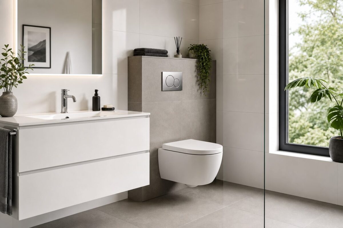 WC-Vorwandelement kaufen: Bauhöhe, Traglast und Betätigungsplatte richtig wählen – Modernes Badezimmer mit wandhängendem WC und Viega Prevista Vorwandelement, Betätigungsplatte sichtbar