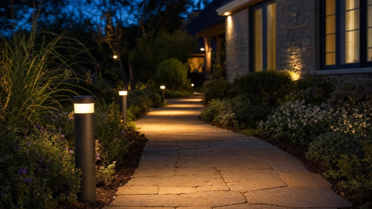 Gartenweg in der Dämmerung mit Pollerleuchten