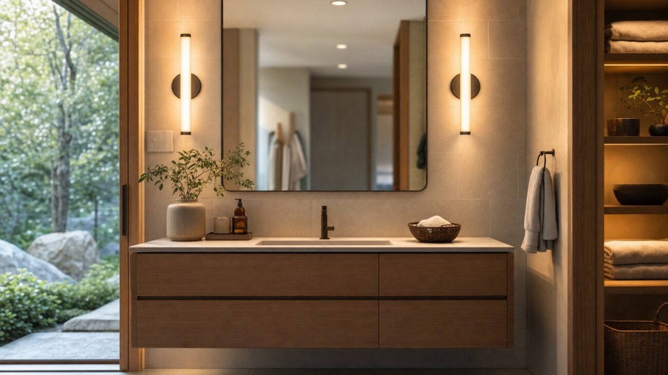 Badezimmer mit beidseitig beleuchtetem Spiegel