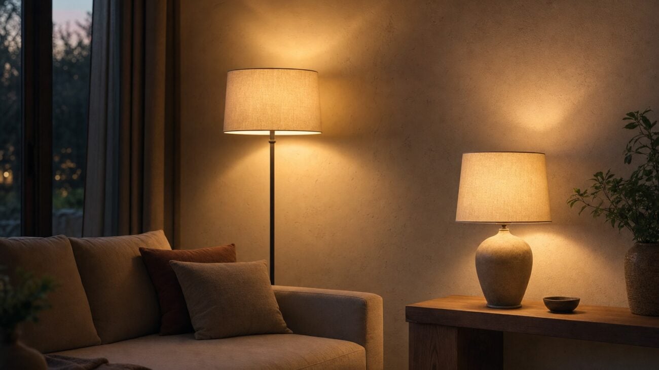 Wohnzimmer am Abend mit Steh- und Tischleuchte