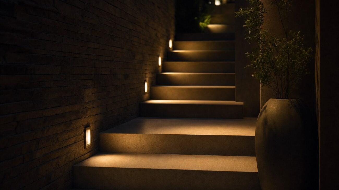 Treppe bei Nacht mit Orientierungslicht in der Wand