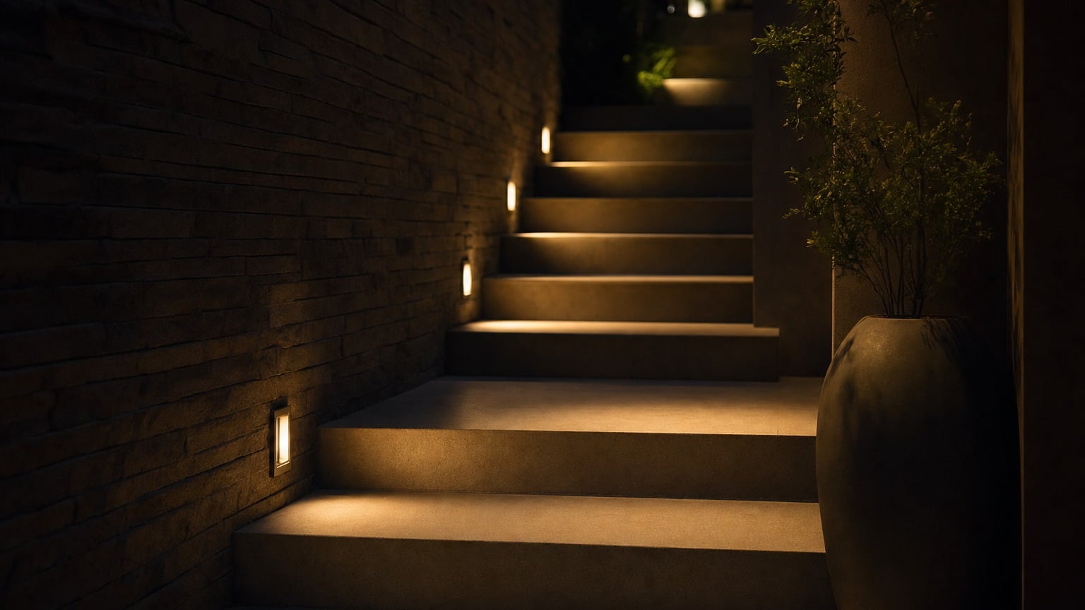 Treppe bei Nacht mit Orientierungslicht in der Wand