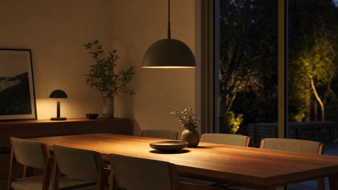 Pendelleuchte über dem Esstisch mit warmem Lichtkegel
