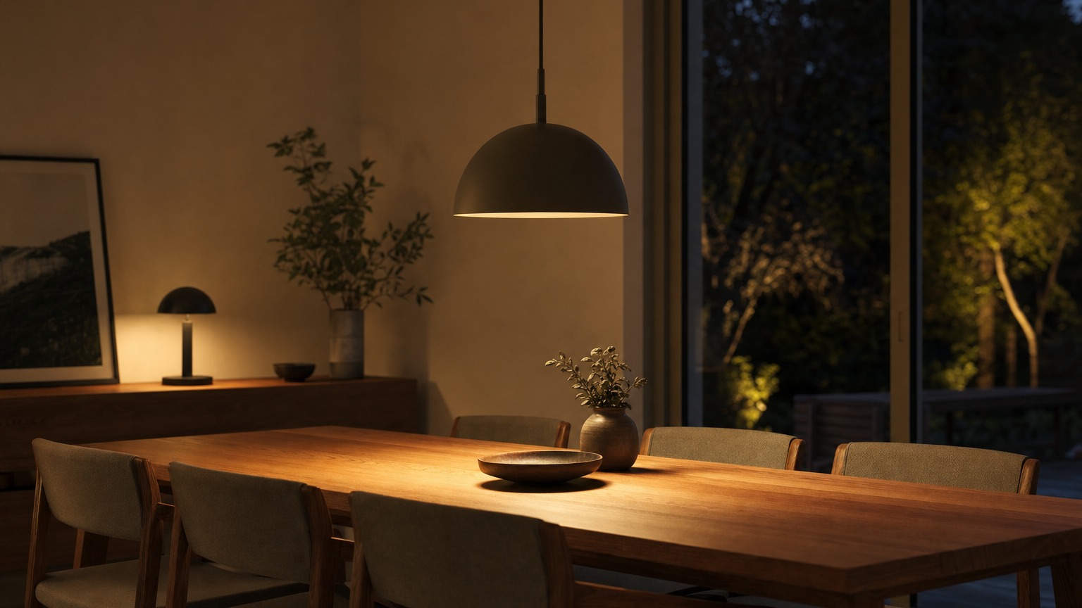 Pendelleuchte über dem Esstisch mit warmem Lichtkegel