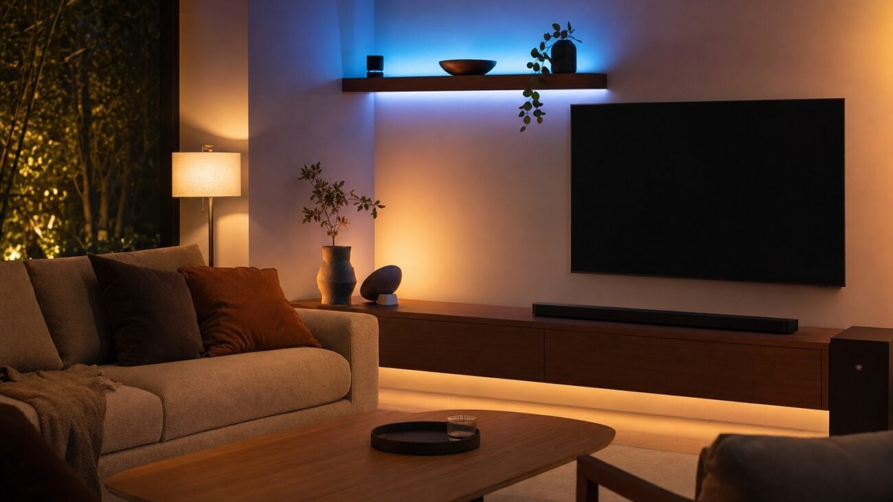 Wohnzimmer mit farbigem Akzentlicht hinter Regal und Sideboard