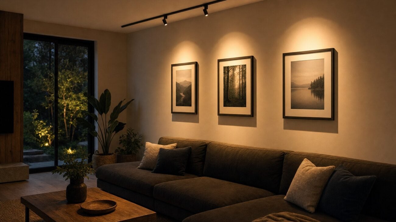Schienenstrahler beleuchten Bilder an einer Wand