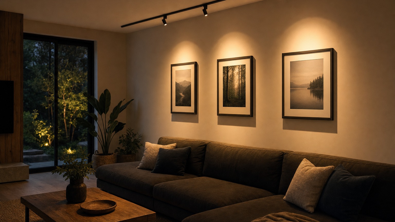 Schienenstrahler beleuchten Bilder an einer Wand