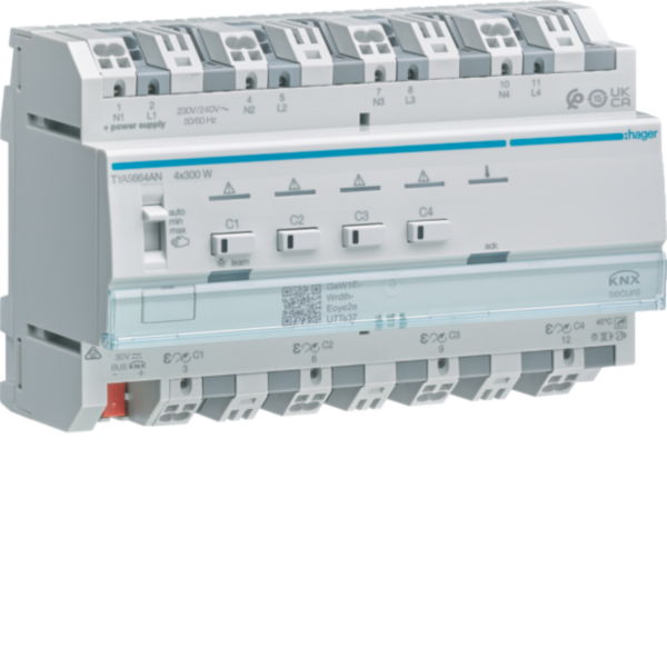 Hager TYAS664AN Uni-Dimmaktor 4-fach KNX Secure 4x300W ESL/LED kombinierbar