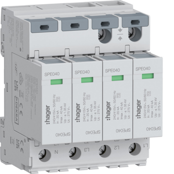 Hager SPE440S &Uuml;berspannungsableiter 4P T2 TNS Uc 275V In 20kA Imax 40kA