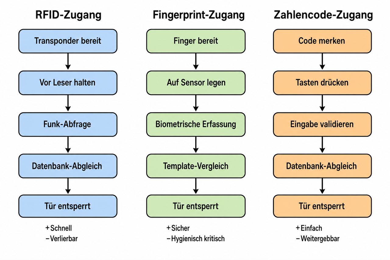 Prozessfluss-Diagramm: Funktionsweise von RFID-Transponder, Fingerprint-Sensor und Zahlencode-Keypad beim Türöffnen