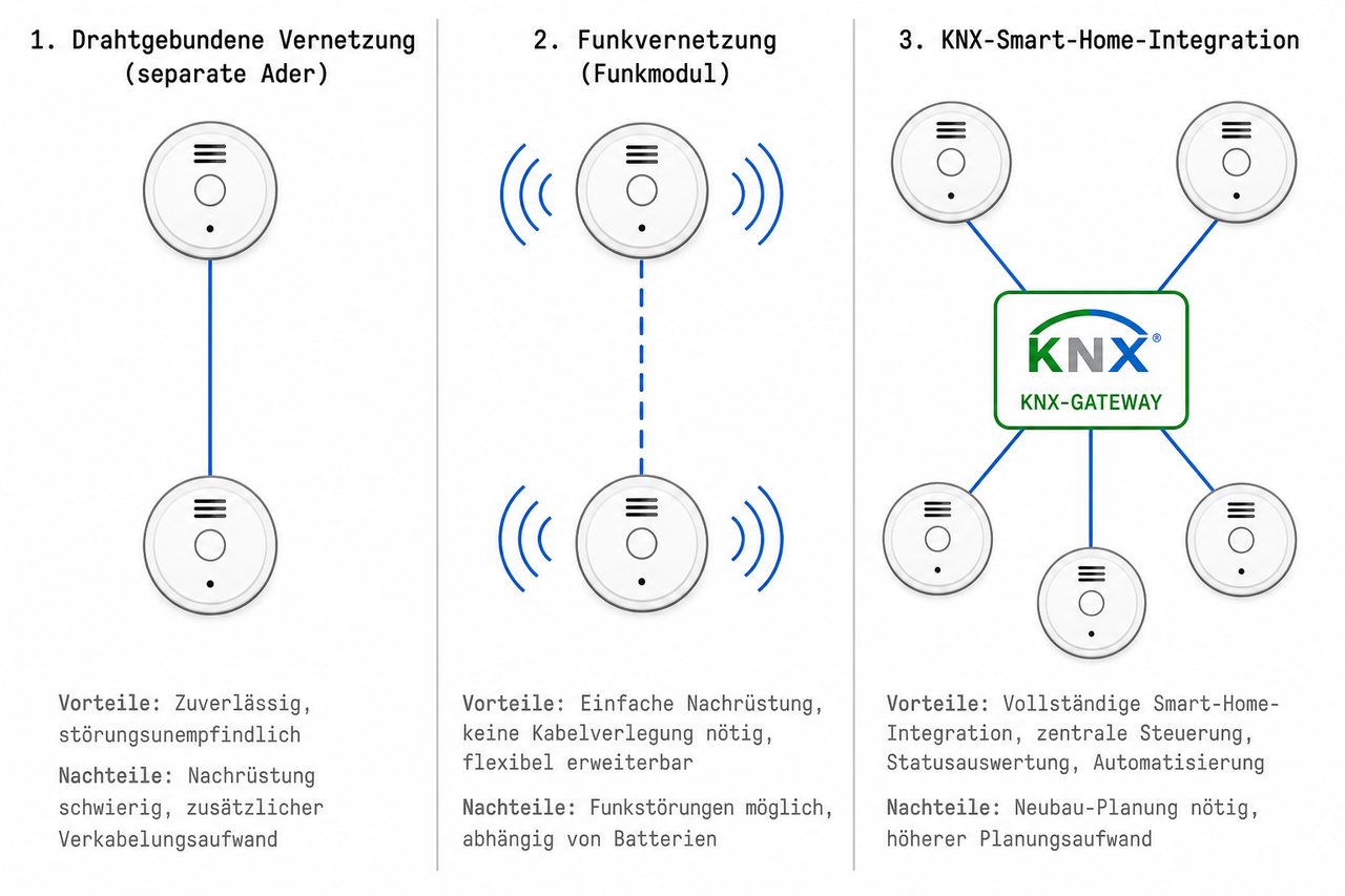 Rauchmelder-Vernetzungsoptionen im Vergleich: Drahtgebunden, Funk und KNX-Integration