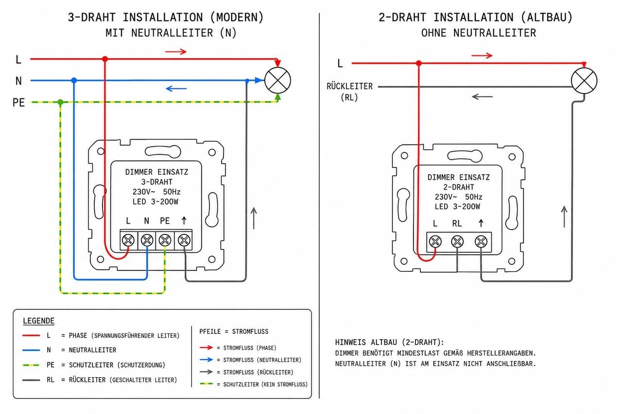 Schaltschema Vergleich: 3-Draht Dimmer-Installation vs. 2-Draht Altbau-Installation ohne Neutralleiter