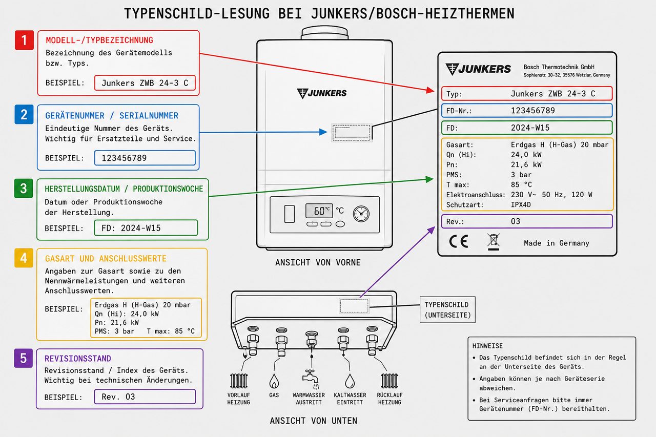 Schaubild Typenschild Junkers Bosch Heiztherme mit beschrifteten Positionen für Gerätenummer, Modell, Herstellungsdatum und Gasart