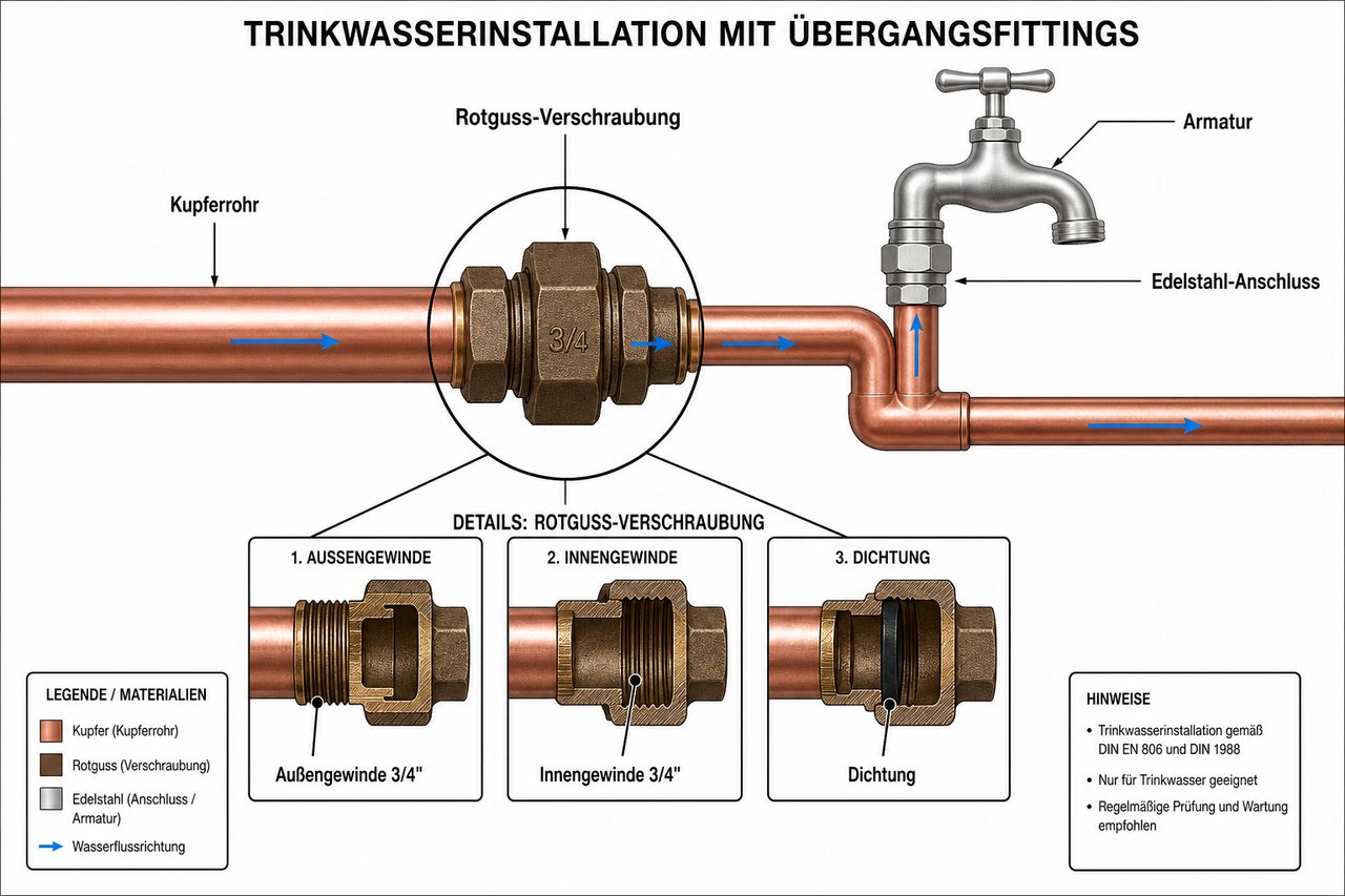 Schnittzeichnung einer Trinkwasserinstallation mit Rotguss-Übergangsfitting und Materialkomponenten