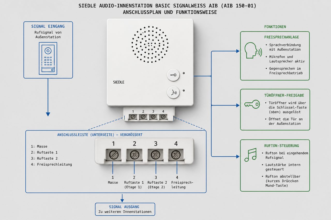 Siedle Audio-Innenstation Basic AIB 150-01 Anschlussplan: Klemmen, Signalfluss und Funktionen