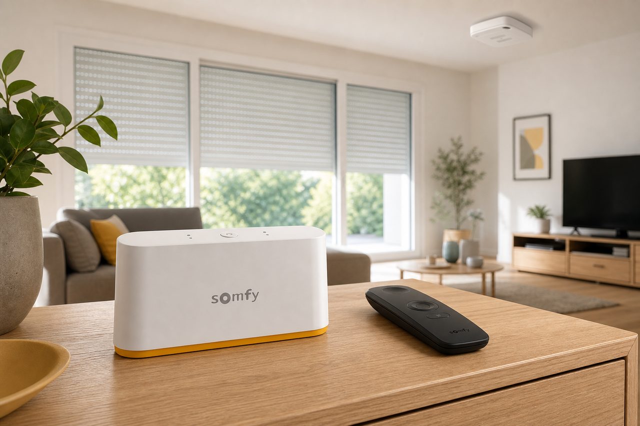 Somfy io-homecontrol oder RTS: Der Funkvergleich vor dem Antriebskauf – Somfy TaHoma Switch PC und Handsender in modernem Wohnzimmer mit Rollläden und Rauchwarnmelder io — Smart-Home-Steuerung