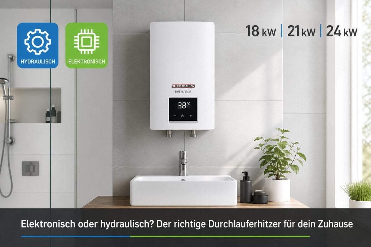 Durchlauferhitzer-Kaufberatung: elektronisch oder hydraulisch, 18, 21 oder 24 kW? – Stiebel Eltron Durchlauferhitzer DHE 18/21/24 an Badezimmerwand mit Temperaturanzeige, Vergleich elektronisch vs. hydraulisch, 18 21 24 kW Leistungsklassen