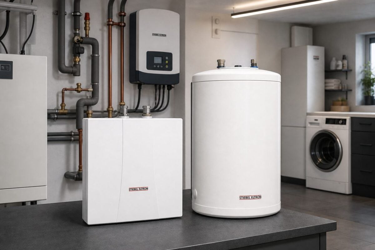 Warmwasser in Küche und Gäste-WC: Kleindurchlauferhitzer oder Untertischspeicher? – Stiebel Eltron Warmwasserlösungen: Mini-Durchlauferhitzer DNM 3 und Kleinspeicher SHU 5 SL in modernem Hauswirtschaftsraum