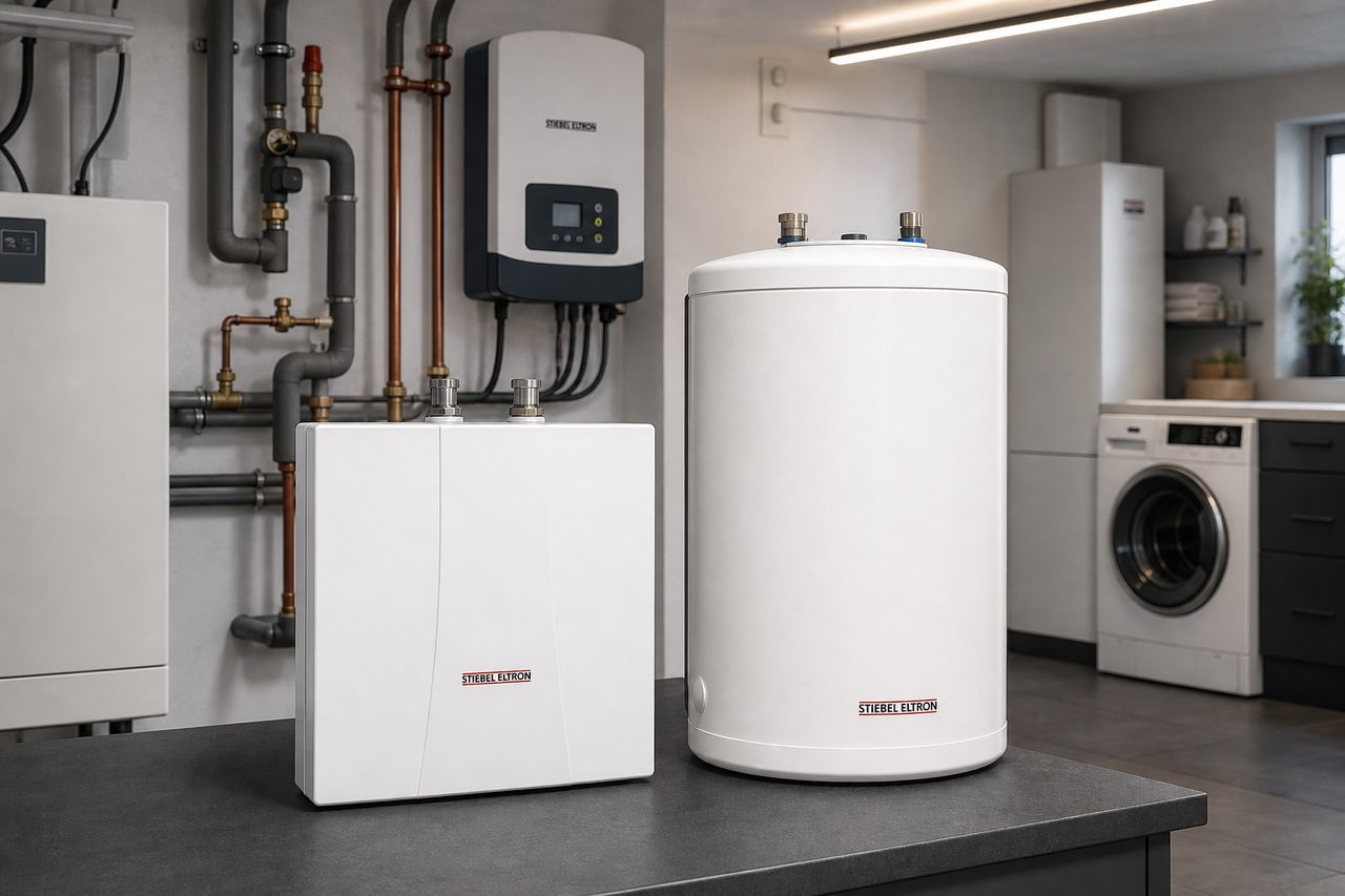 Warmwasser in Küche und Gäste-WC: Kleindurchlauferhitzer oder Untertischspeicher? – Stiebel Eltron Warmwasserlösungen: Mini-Durchlauferhitzer DNM 3 und Kleinspeicher SHU 5 SL in modernem Hauswirtschaftsraum