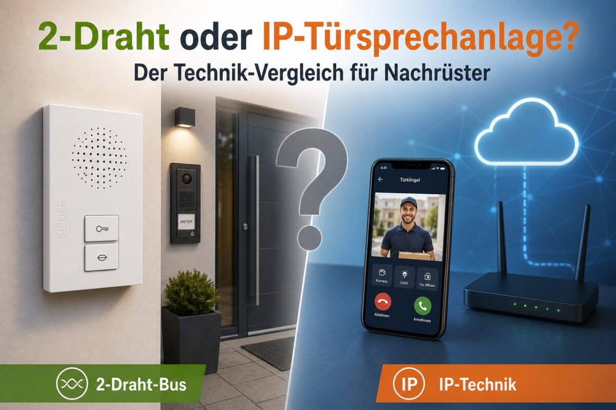 2-Draht oder IP-Türsprechanlage? Der Technik-Vergleich für Nachrüster – Titelbild Türsprechanlage Vergleich: 2-Draht-Bustechnik vs. IP-Netzwerk mit Siedle Audio-Innenstation und Smartphone-App