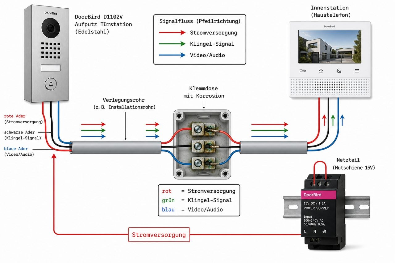 Türsprechanlage Verkabelungs- und Signalfluss-Diagramm mit DoorBird Komponenten und Fehlerquellen